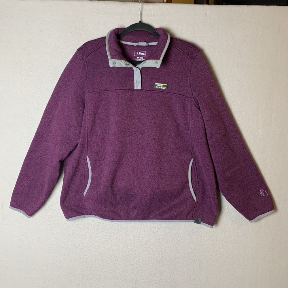 LL Bean Sweater Fleece Women Plus Size 1X Reg Purple Pullover 1/4 T-Snap Outdoor
